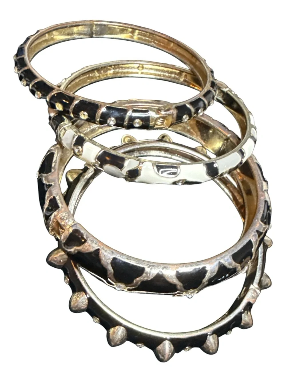 Sequin NYC 4 Pc Hinged Bangle Bracelet Set Black White Enamel Crystal Gold Tone